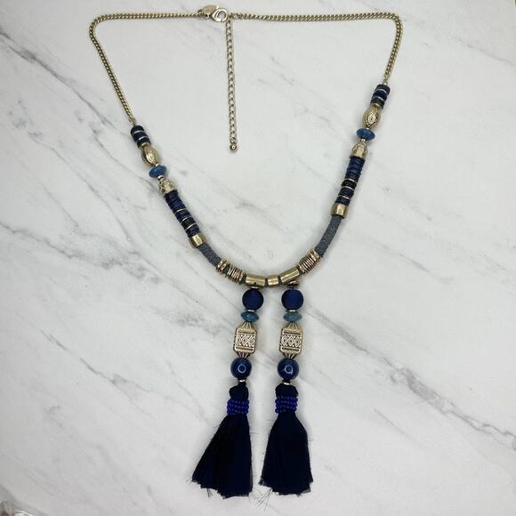 Chico's Chunky Blue Beaded Tassel Pendant Gold Tone Necklace ✨ - Picture 2 of 10
